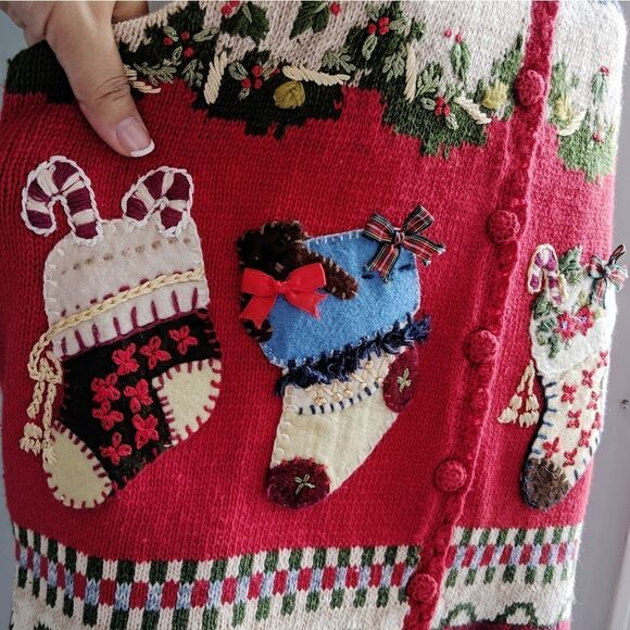 New Red Holiday Christmas Ugly Sweater Vest Stockings V Neck Button Down Size L - Picture 6 of 8